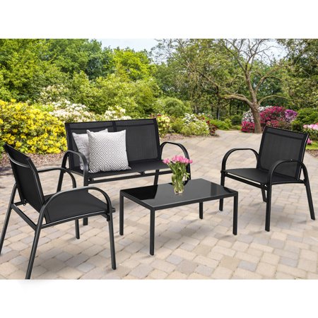 Costway 4 PCS Patio Furniture Set Sofa Coffee Table Steel Frame Garden Deck, Black