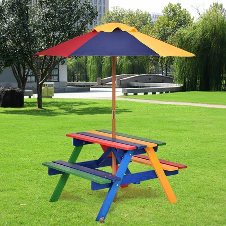 Costway 4 Seat Kids Picnic Table with Umbrella Garden Yard Folding Children Bench Outdoor