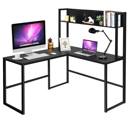 Costway 55" L-Shaped Desk Corner Computer Desk with Hutch, Black