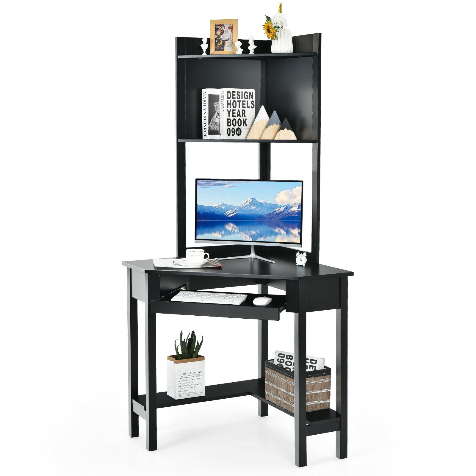 Costway Corner Computer Desk Triangle Study Desk w/ Hutch & Keyboard Tray