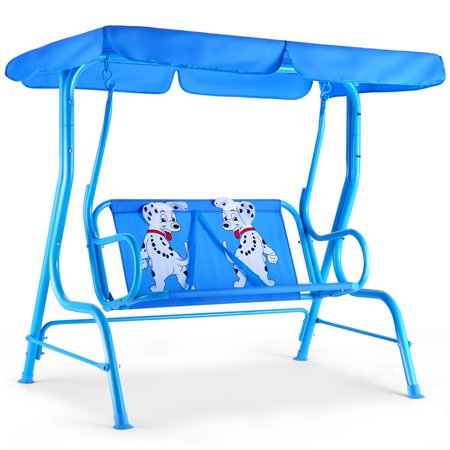 Costway Kids Patio Swing Chair Children Porch Bench Canopy 2 Person Yard Furniture blue