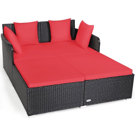 Costway Outdoor Patio Rattan Daybed Thick Pillows Cushioned Sofa Furniture Red WALMART CLEARANCE ONLINE!