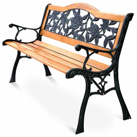 Costway Patio Park Garden Bench Porch Path Chair Furniture Cast Iron Hardwood