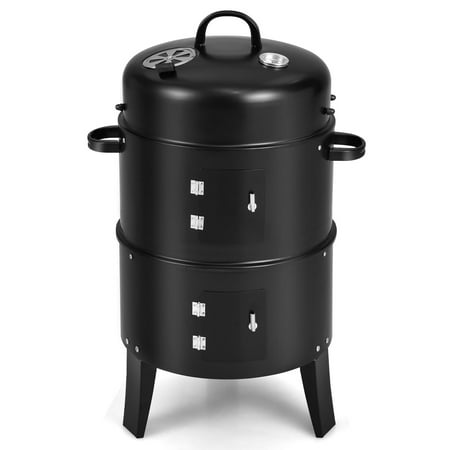 Costway 3-in-1 Portable Round Charcoal Smoker Vertical BBQ Grill Built-in Thermometer AT WALMART