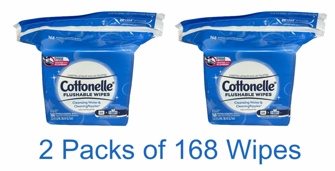 Cottonelle Flushable Wet Wipes 2 Refill Packs,100% Biodegradable, 336 Wipes