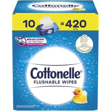 Cottonelle Fresh Care Flushable Wet Wipes, Adult Wet Wipes Large, 10 Flip-Top Packs (420 Total Wipes)