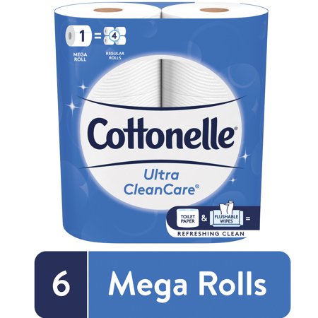 Cottonelle Ultra CleanCare Toilet Paper, 6 Mega Rolls = 24 Regular Rolls