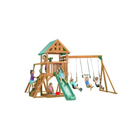Creative Cedar Designs Mountain View Wooden Swing Sets with Tarp Roof with Green Accessories & Green Slide