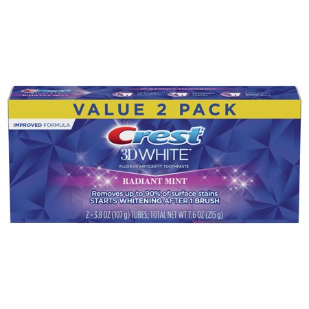 Crest 3D White Radiant Mint, Teeth Whitening Toothpaste, 3.8 oz, Pack of 2