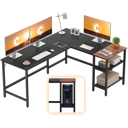 CubiCubi L Shape Computer Desk, Home Office Desk, Corner Computer Desk with Shelf, Splice Board in Black Finish