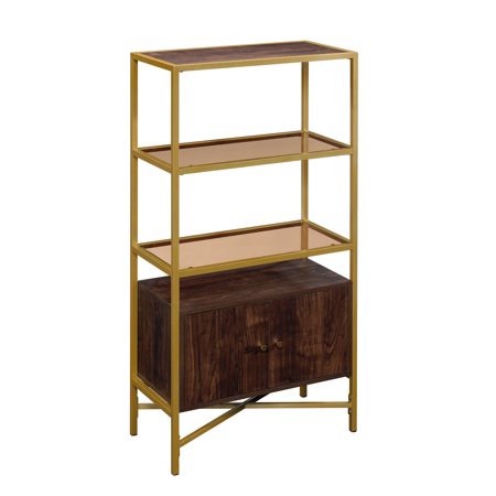Curiod Gold Metal Bookcase with 3 Glass Shelves and Storage, Rich Walnut Finish