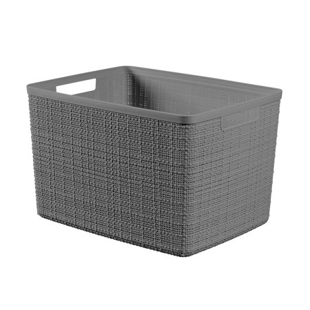 Curver Jute Large Basket, Plastic Storage Bin, Grey Flannel