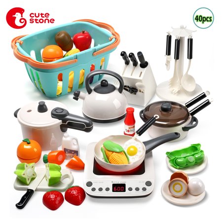 CUTE STONE 40 Piece Cookware Pretend Play Kitchen Toy ABS Play Cooking Set with Steam Pressure Pot and Electronic Induction Cooktop