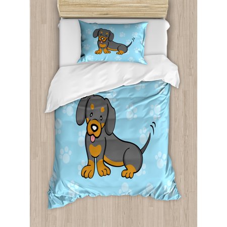 Dachshund Twin Size Duvet Cover Set, Puppy Cartoon with Happy Expression on Its Face Paw Print Background, Decorative 2 Piece Bedding Set with 1 Pillow Sham, Blue Brown Dark Taupe, by Ambesonne