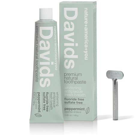 Davids Natural Toothpaste, Whitening, Antiplaque, Fluoride Free, SLS Free, Peppermint, 5.25 OZ Metal Tube, Tube Roller Included