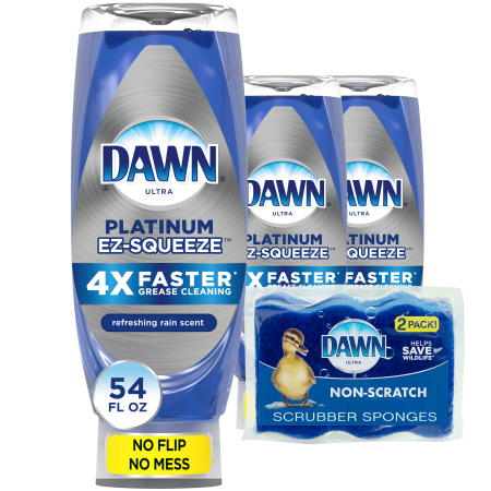 Dawn EZ-Squeeze Platinum Dishwashing Liquid Dish Soap (3 at 18 oz each) + Dawn Non-Scratch Scrubber Sponge (2 count), Refreshing Rain Scent, 1 set