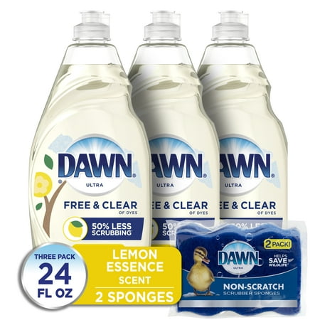 Dawn Pure Essentials Liquid Dish Soap, Lemon Essence, 3 Ct, 24 Oz and Dawn Non-Scratch Sponge 2 Ct - WALMART