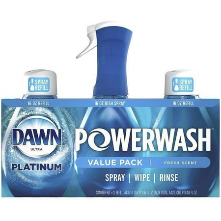 Dawn Platinum Powerwash Dish Spray, Dish Soap, Fresh Scent Bundle, 1 spray (16 oz.) plus 2 refills (16 oz. ea.)