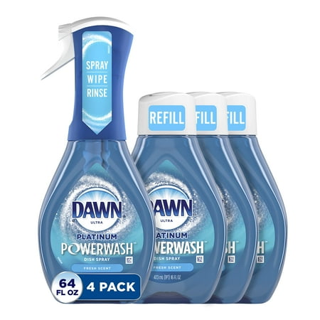 Dawn Platinum Powerwash Dish Spray, Dish Soap, Fresh Scent Bundle, 1 Spray (16Oz) + 3 Refills (16Oz Each)(Pack Of 4)