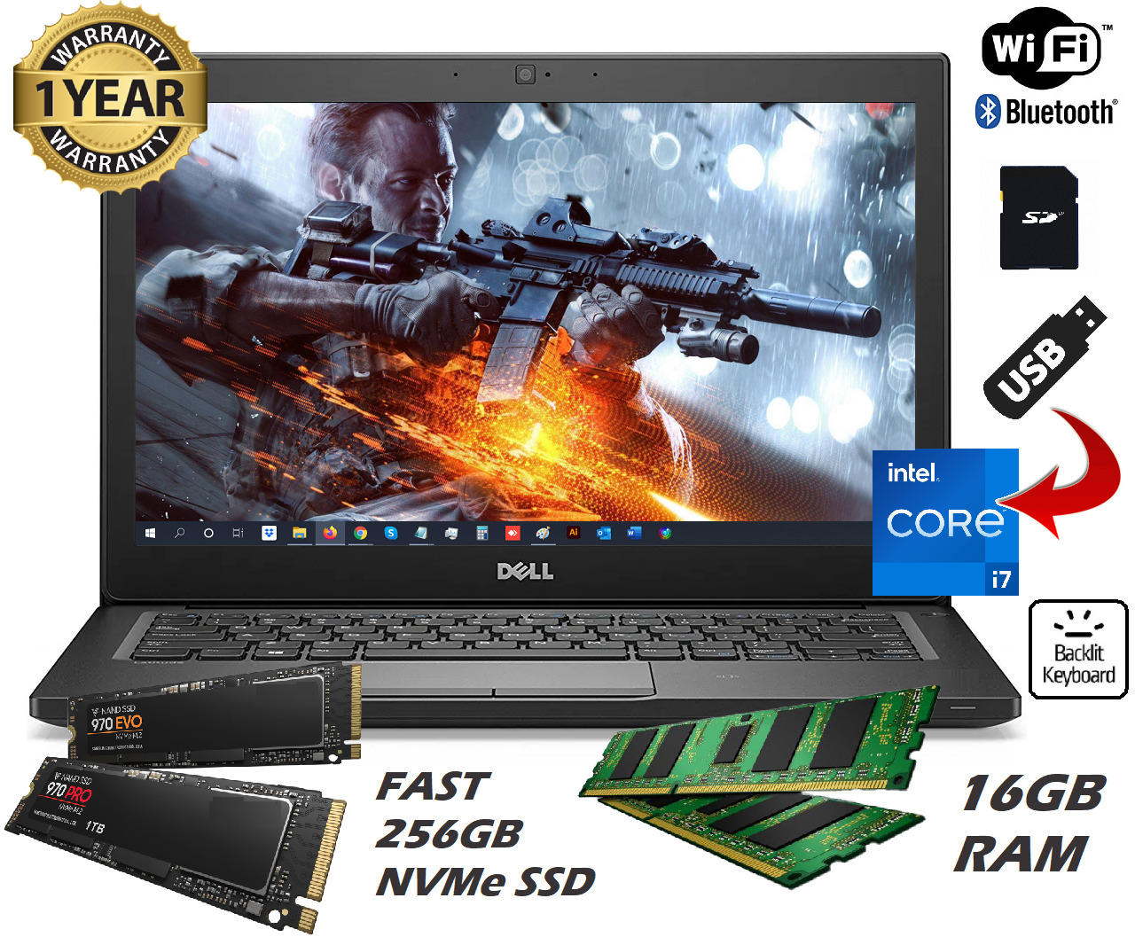 Dell 12.5" 7280 Gaming Laptop 16GB RAM 256GB SSD Core i7 3.90GHz Thunderbolt 3