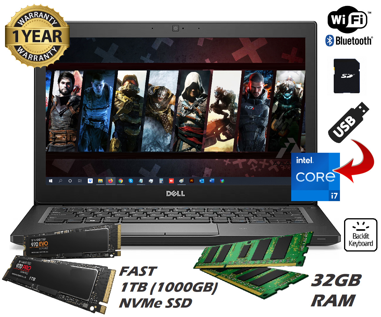 Dell 14" 7490 Gaming Laptop 32GB RAM 1TB SSD Intel Core i7 4.20GHz Windows 11!
