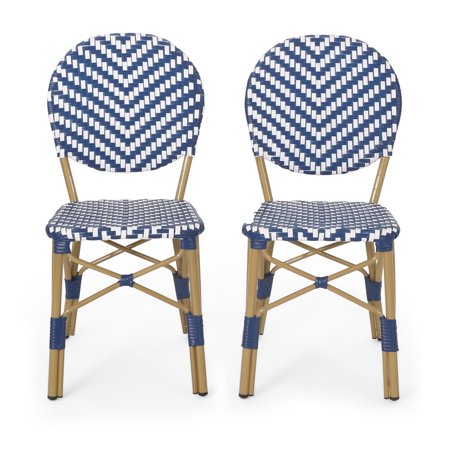 Deshler Outdoor Aluminum French Bistro Chairs (Set of 2), Navy Blue, White, and Bamboo Finish