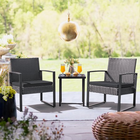 Devoko 3 Pieces Patio Conversation Set Outdoor Bistro Set PE Rattan Cushioned Chairs Set Bistro Chairs with Table, Black
