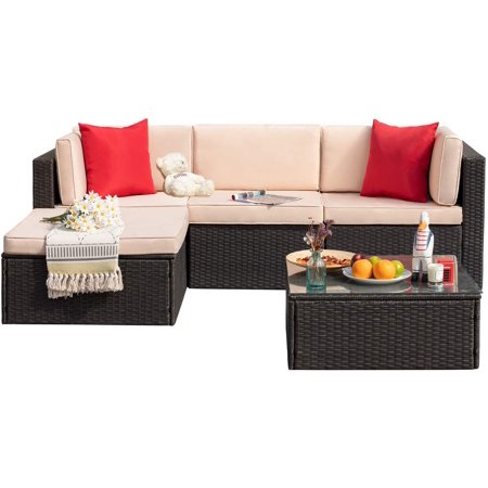 Devoko 5 Pieces Patio Sectional Set Outdoor Wicker Rattan Conversation Sofa with Cushion and Glass Table, Beige