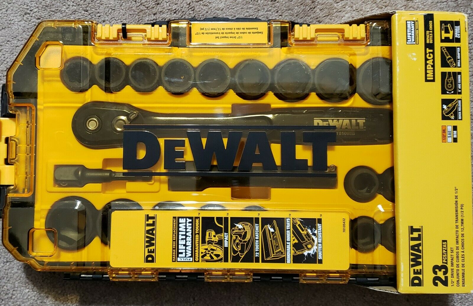DEWALT DWMT74739 Impact Socket Set, 23-Piece, 1/2" Drive Metric/SAE New!