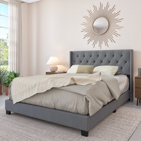 DG Casa Bardy Diamond Tufted Upholstered Wingback Headboard with Nailhead Trim Panel Bed Frame, Queen Size in Gray Fabric