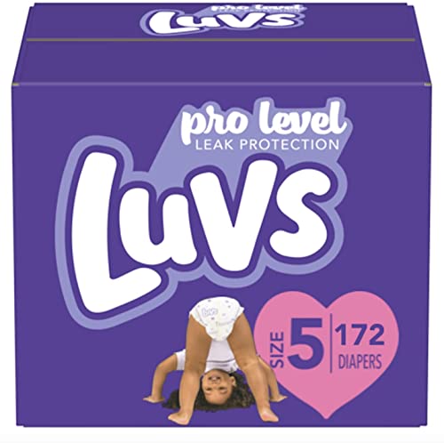 Diapers Size 5, 172 Count - Luvs Pro Level Leak Protection Hypoallergenic Disposable Baby Diapers for Sensitive Skin (Packaging May Vary)