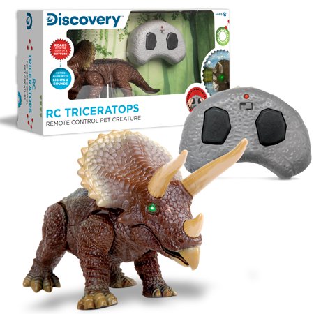 Discovery Kids RC Triceratops, LED Infrared Remote Control Dinosaur, Built-in Speakers W/ Digital Sound Effects, 8.75" Long, Includes Glowing Eyes, Life-Like Motion, A Great Toy for Girls/Boy, Orange