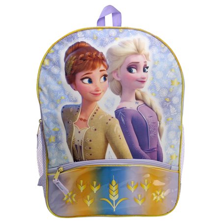 Disney Frozen Backpack 16" Anna Elsa With Lower Pocket Gold Leaves Nature