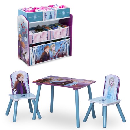 Disney Frozen II 4-Piece Playroom Solution by Delta Children – Set Includes Table and 2 Chairs and 6-Bin Toy Organizer