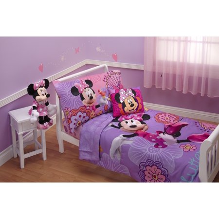 Disney Minnie Mouse 4-Pieces Toddler Bedding Set, Fluttery Friends, with Comforter Pillowcase Fitted Sheet Top Sheet
