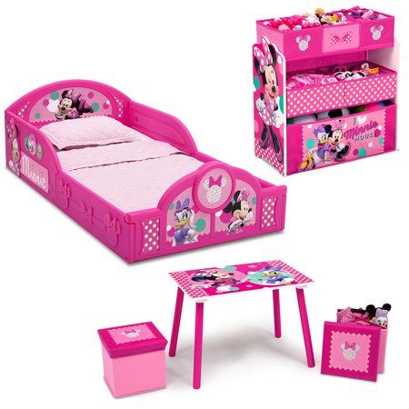 Disney Minnie Mouse 5-Piece Toddler Bedroom Set by Delta Children - Includes Toddler Bed, Table & 2 Ottoman Set, Multi-Bin Toy Organizer