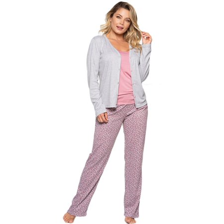 D'lunaas 3-Piece Petite Pajama Set Comfy Cami, Button Down Jacket and Leopard Printed Pants
