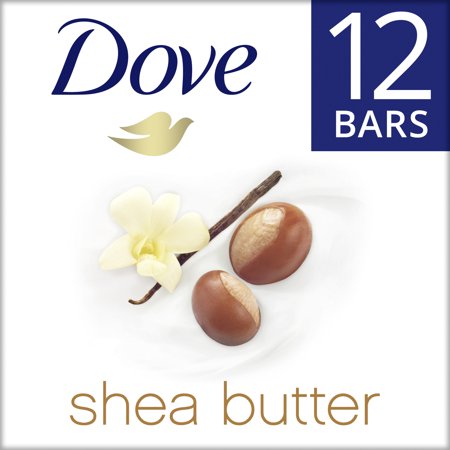 Dove Beauty Bar Gentle Skin Cleanser Shea Butter More Moisturizing Than Bar Soap Moisturizing for Gentle Soft Skin Care 3.75 oz, 12 Bars