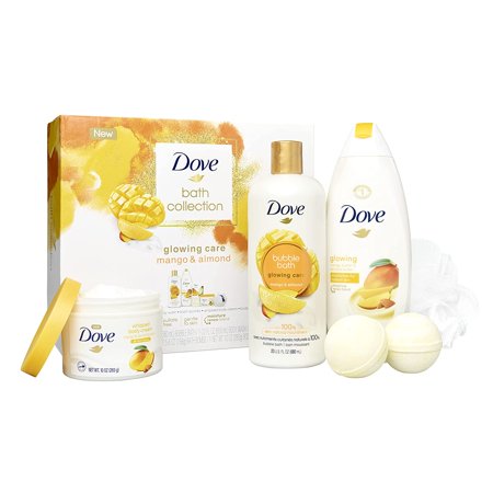 Dove Mango & Almond Bath and Body Gift Set Gifts Bubble Bath, Bath Bombs, Whipped Body Cream and Loofah 5 PC