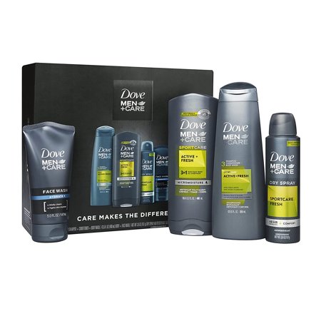 Dove Men+Care Everyday Grooming Gift Pack, Active+Fresh Body and Face Wash, Antiperspirant, Shampoo+Conditioner, and Hydrate Face Wash, Cruelty-Free Skin Care 4 Count