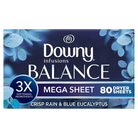 Downy Infusions Mega Dryer Sheets, BALANCE, Crisp Rain and Blue Eucalyptus, 80 Count