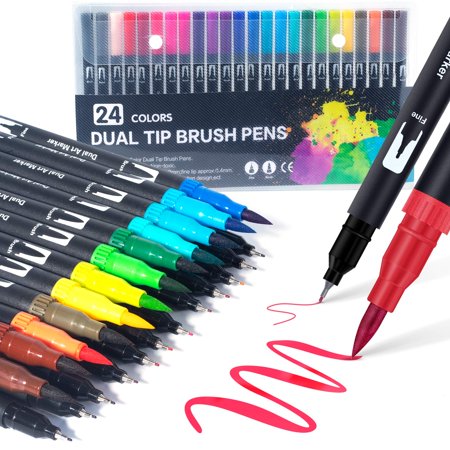 Dual Tip Brush Pens: Felt Tip Pen Set 24 Colors Colouring Pens Art Markers for Kids and Adults Colouring Book, Art Supplies Fineliner Tip Brush Marker for Drawing Sketching Design Calligraphy Painting