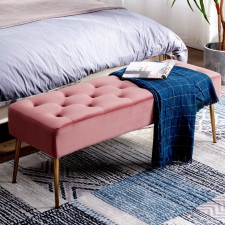 Duhome Elegant Lifestyle Modern Velvet Bench Ottoman Footrest Stool Button Tufted With Gold Metal Base Legs Pink 1 Pieces