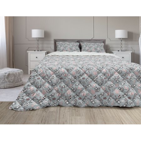 Easter Comforter & Sham Bedding Set, Toy Bunnies with Funny Expressions Ornate Spring Branches and Eggs, 3 pcs Duvet Set Microfiber Filling Quilt, 5 Sizes, Bluegrey Coral Black, by Ambesonne