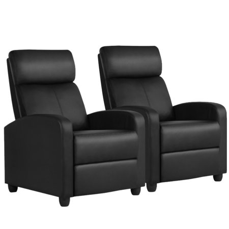 Easyfashion Faux Leather Push Back Theater Recliner, Set of 2, Black