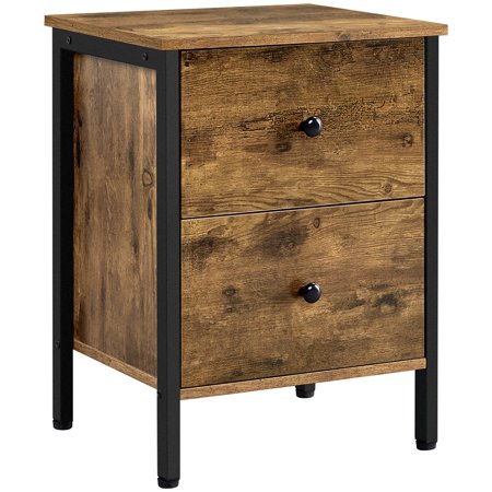Easyfashion Industrial End Table with 2 Drawers, Rustic Brown