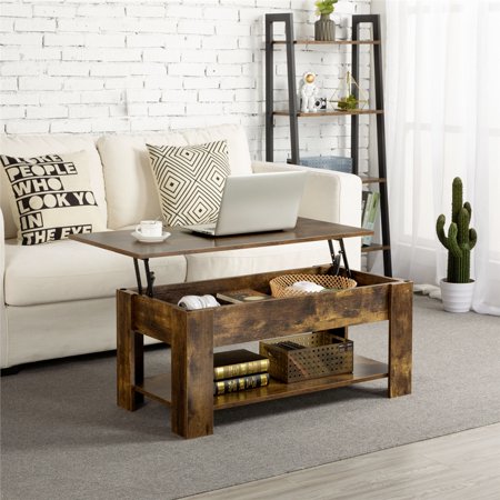 Easyfashion Modern 38.6" Wood Lift Top Coffee Table with Lower Shelf, Rustic Brown