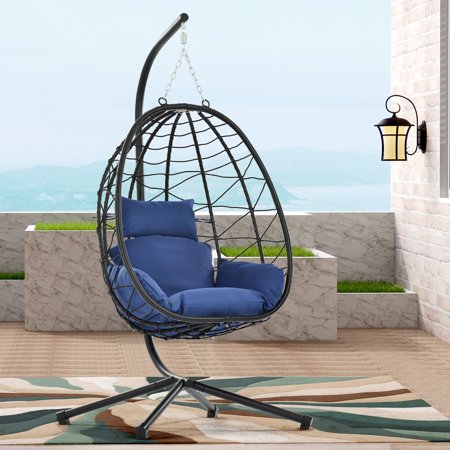 Egg Chair, Patio Wicker Swing Egg Chair with Stand, Steel Frame Hanging Chair with Soft Cushion and Pillow for Bedroom Patio Balcony, 300-pound Weight Capacity, JA2833