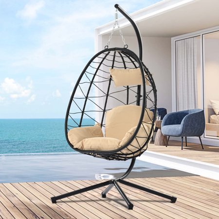 Egg Chair, SYNGAR Swing Chair with Stand, Outdoor PE Wicker Hanging Chair with Cushion, Heavy Duty Lounge Basket Chair, 300 lbs Capacity, Relaxing Chair for Patio, Balcony, Backyard, Beige, D6504