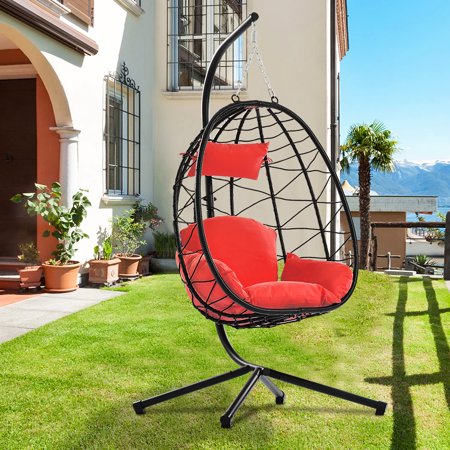Egg Chair with Stand, Patio Wicker Hammock Chair Swing with Stand and UV Resistant Cushion, Egg Swing Chair for Outdoor Patio Porch Backyard Living Room, 300lbs Weight Capacity, B049